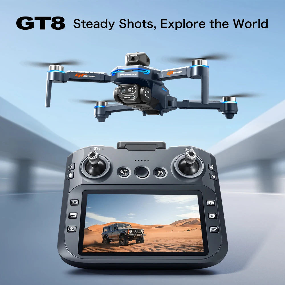 Drone GT8 8K Profissional com Dupla Câmera HD, Controle com Tela, Wi‑Fi 5G, Motor Brushless e Desvio de Obstáculos