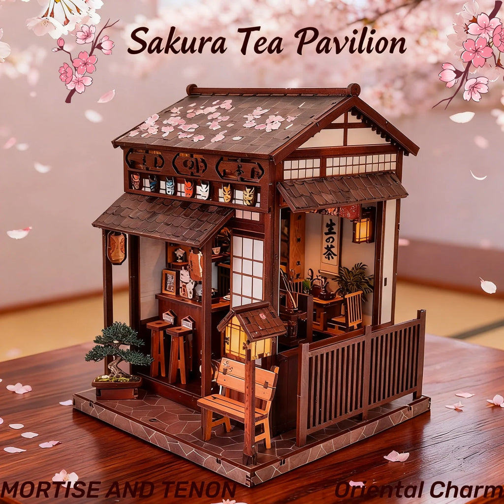 Pabellón de Té Sakura de Madera DIY – Miniatura Artesanal Decorativa para Coleccionistas y Regalos Creativos
