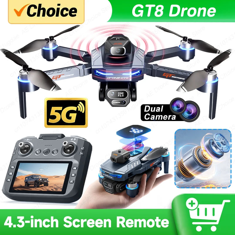 Drone GT8 8K Profissional com Dupla Câmera HD, Controle com Tela, Wi‑Fi 5G, Motor Brushless e Desvio de Obstáculos