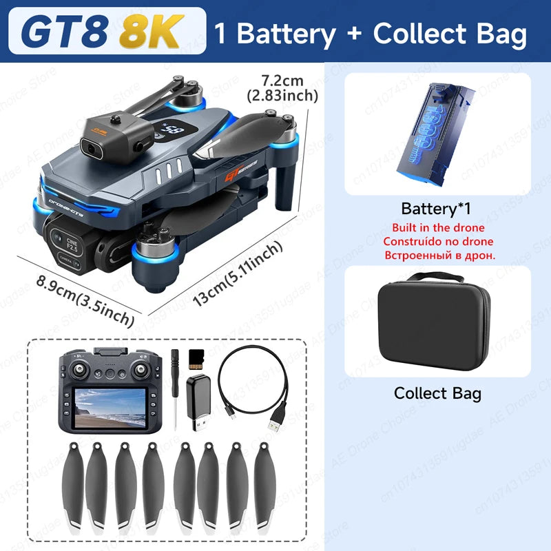 Drone GT8 8K Profissional com Dupla Câmera HD, Controle com Tela, Wi‑Fi 5G, Motor Brushless e Desvio de Obstáculos
