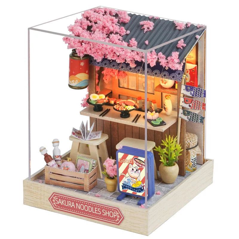 Casa de Boneca Mini DIY Flower House 3D em Madeira – Kit Artesanal de Montagem com Móveis para Decoração