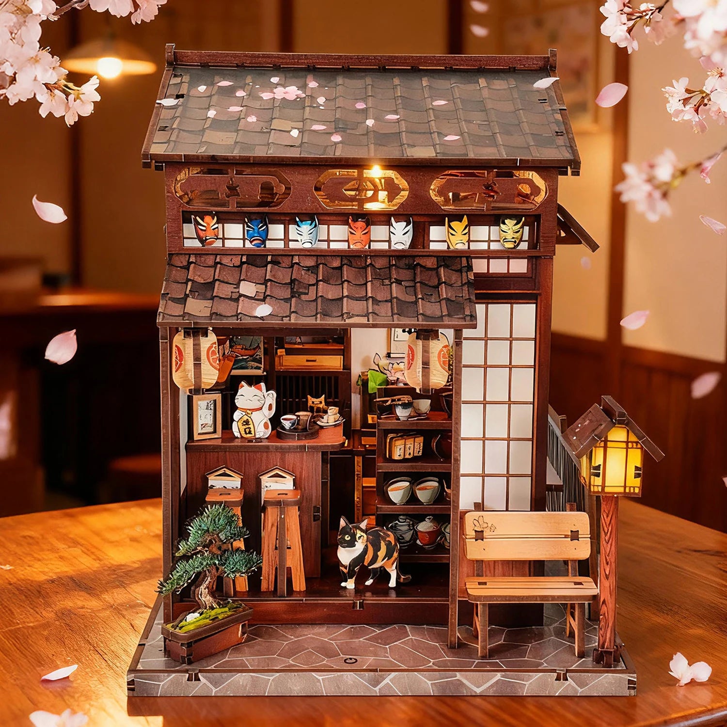 Pavilhão de Chá Sakura em Madeira DIY – Miniatura Artesanal Decorativa para Colecionadores e Presentes Criativos