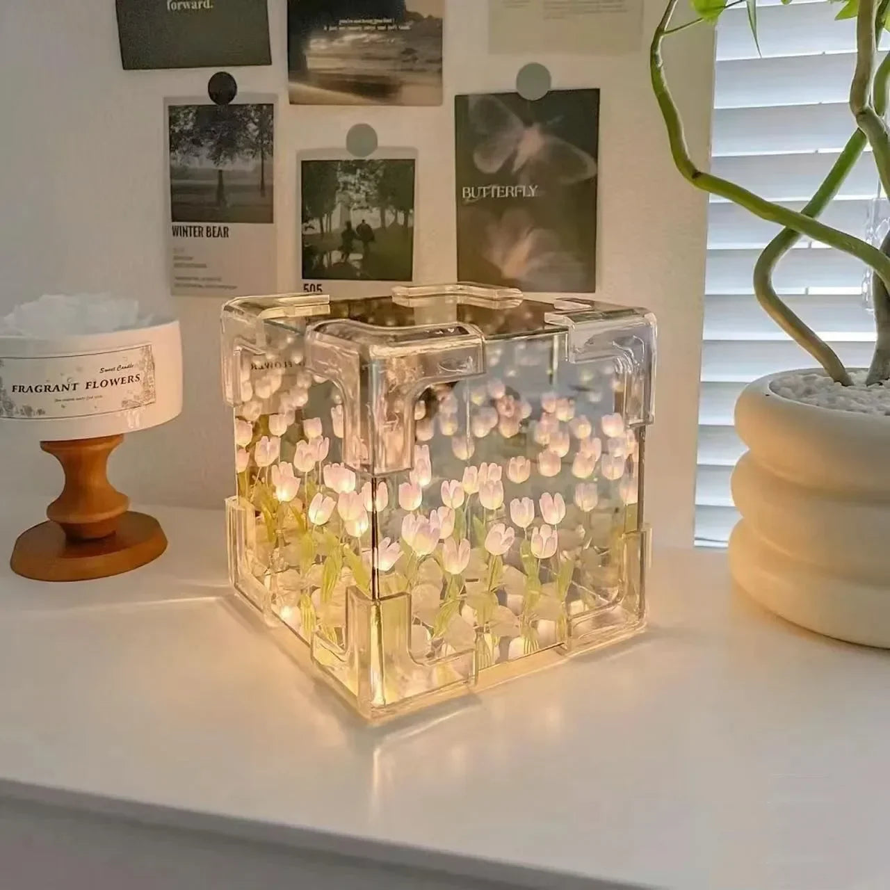Luminária Noturna 3D Tulipa DIY em Cubo de Vidro – Kit Criativo para Montagem, Decoração Romântica e Presente Especial