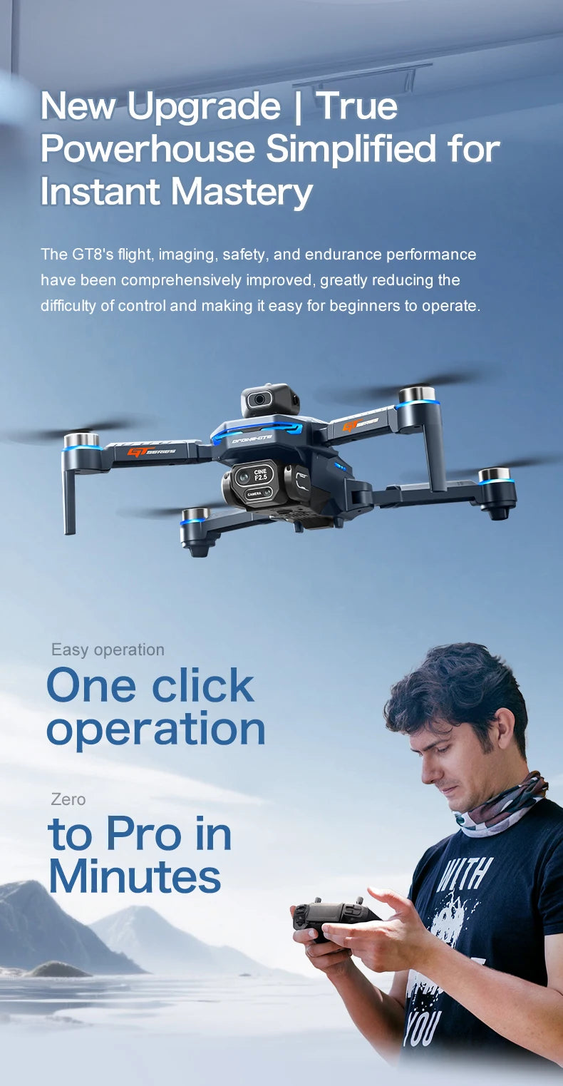Drone GT8 8K Profissional com Dupla Câmera HD, Controle com Tela, Wi‑Fi 5G, Motor Brushless e Desvio de Obstáculos