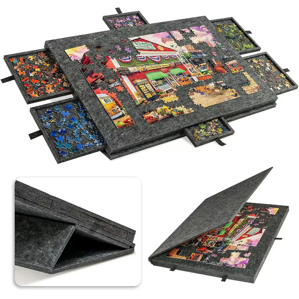 Organizador de Puzzle Portátil com 6 Gavetas (7 Peças) – Suporte Decorativo Artístico em Fibra de Poliéster para Mesa e Home Office