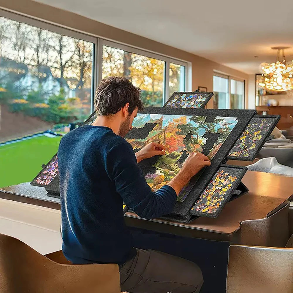 Organizador de Puzzle Portátil com 6 Gavetas (7 Peças) – Suporte Decorativo Artístico em Fibra de Poliéster para Mesa e Home Office