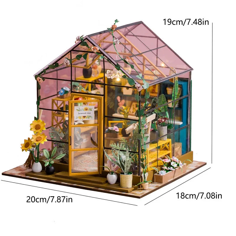 Casa de Boneca Mini DIY Flower House 3D em Madeira – Kit Artesanal de Montagem com Móveis para Decoração