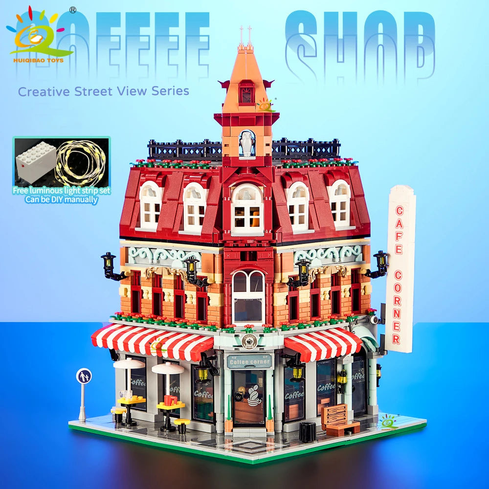 Blocos de Montar Micro Arquitetura Cafeteria Urbana HUIQIBAO – Loja de Café Estilo Cidade MOC em Mini Blocos ABS