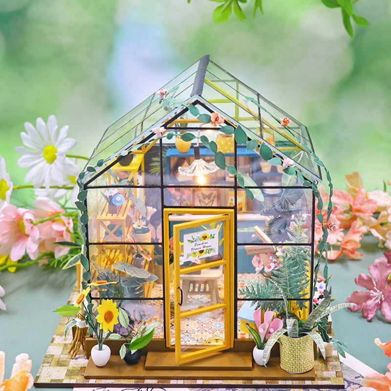 Casa de Boneca Mini DIY Flower House 3D em Madeira – Kit Artesanal de Montagem com Móveis para Decoração