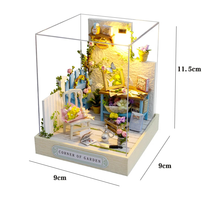 Casa de Boneca Mini DIY Flower House 3D em Madeira – Kit Artesanal de Montagem com Móveis para Decoração