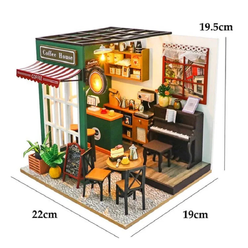 Casa de Bonecas em Miniatura DIY 3D em Madeira – Kit de Construção Artesanal Café | Puzzle Criativo Educativo