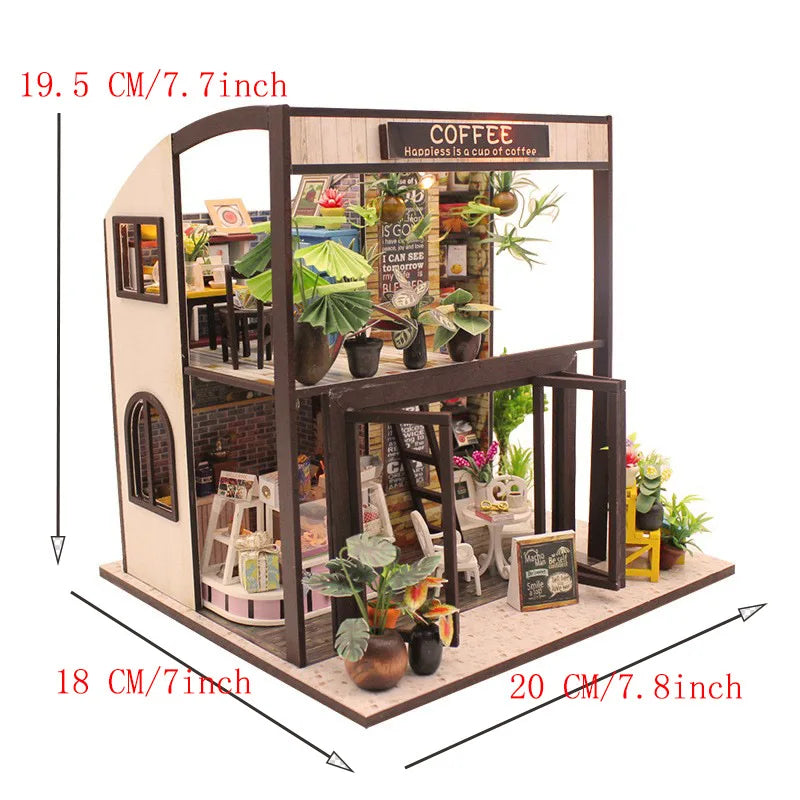 Casa de Bonecas em Miniatura DIY 3D em Madeira – Kit de Construção Artesanal Café | Puzzle Criativo Educativo