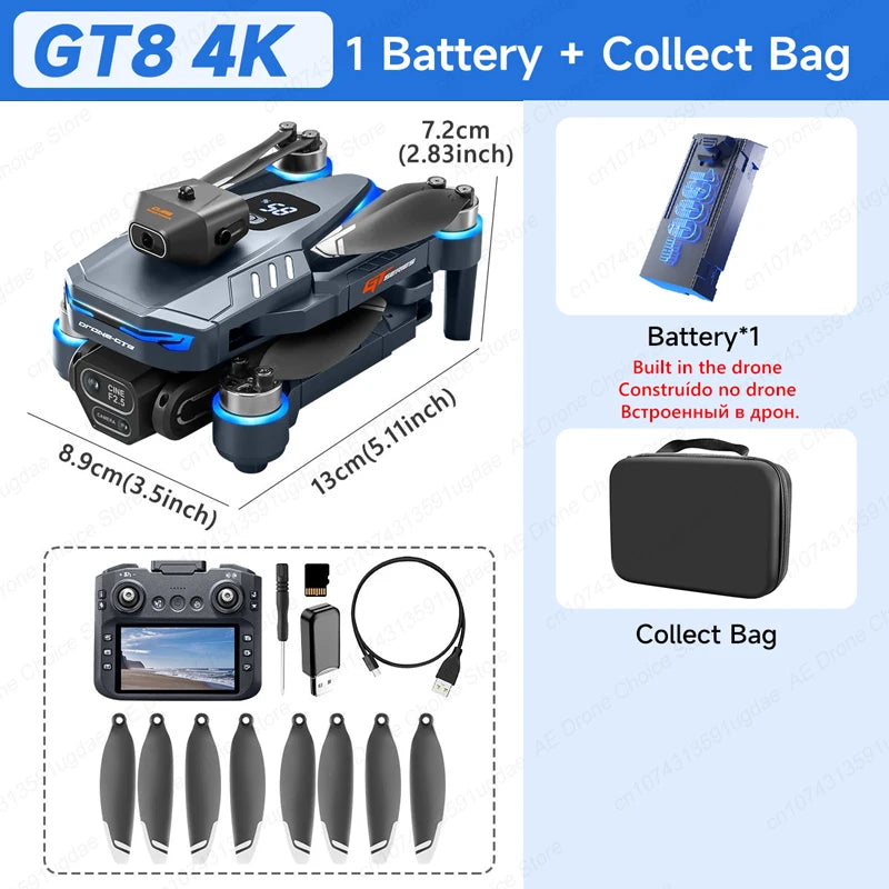 Drone GT8 8K Profissional com Dupla Câmera HD, Controle com Tela, Wi‑Fi 5G, Motor Brushless e Desvio de Obstáculos