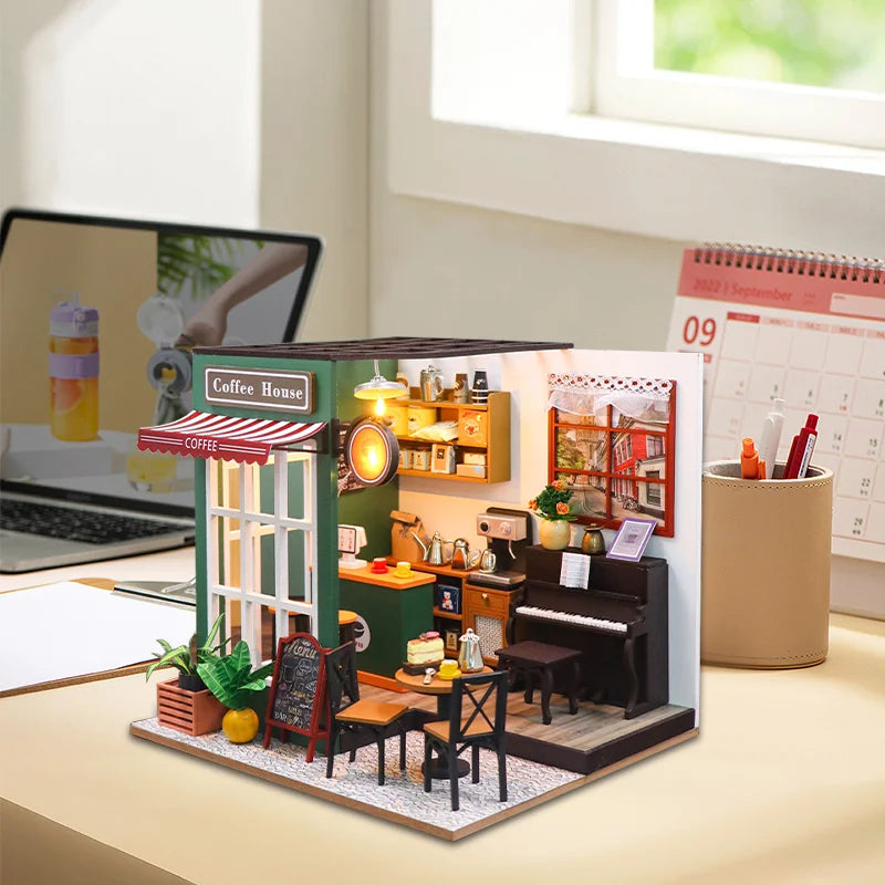 Casa de Muñecas en Miniatura DIY 3D de Madera – Kit de Construcción Artesanal Cafetería | Puzzle Creativo