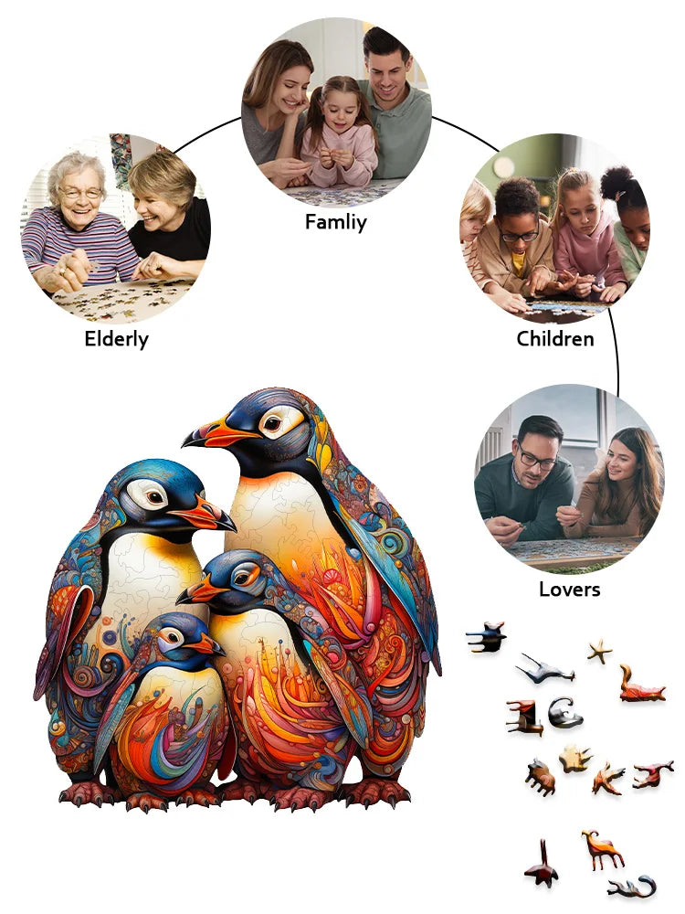 Puzzle de Madeira Pinguim com Caixa de Presente – Quebra-Cabeça Animal Irregular para Adultos, Alívio do Estresse e Diversão em Família