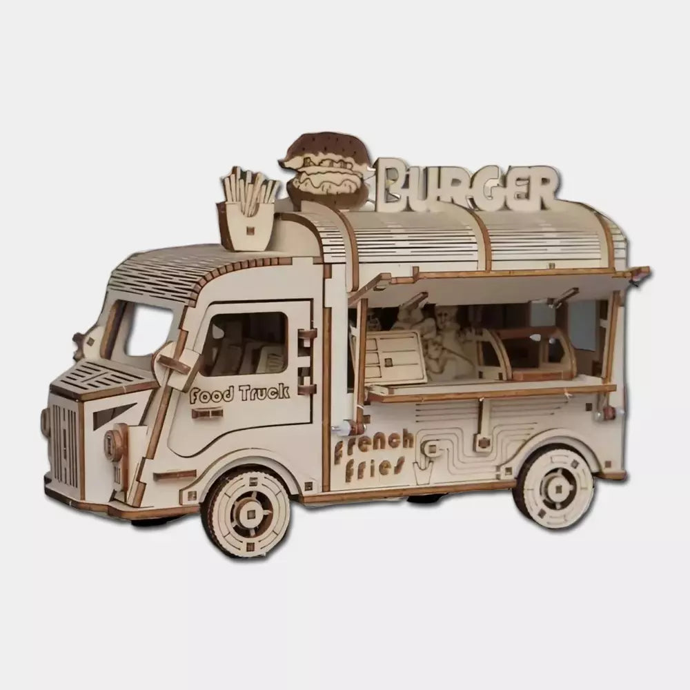 Quebra-Cabeça 3D de Madeira Caminhão de Fast Food – Modelos Artesanais de Caminhão, Ônibus e Carro – Brinquedo DIY Decorativo e Presente Criativo