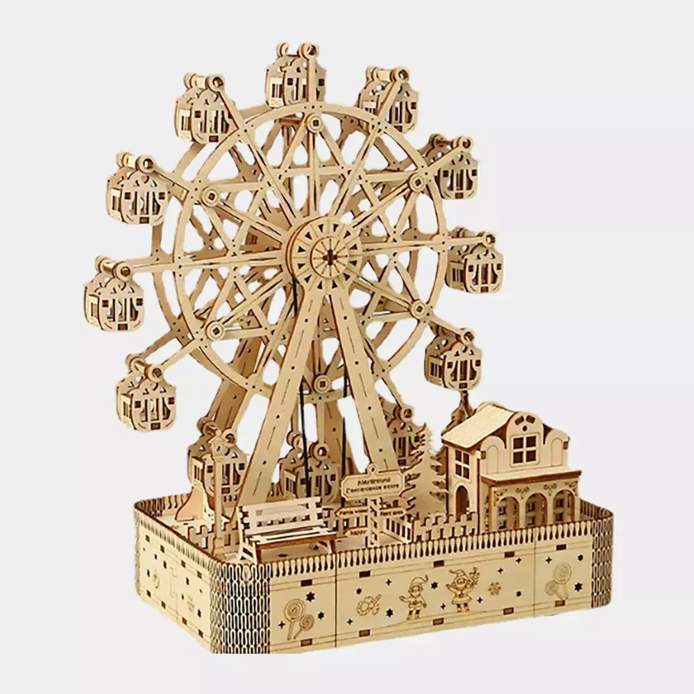 Puzzle de Madeira 3D Roda-Gigante com Motor e Luzes LED – Kit Educativo Interativo