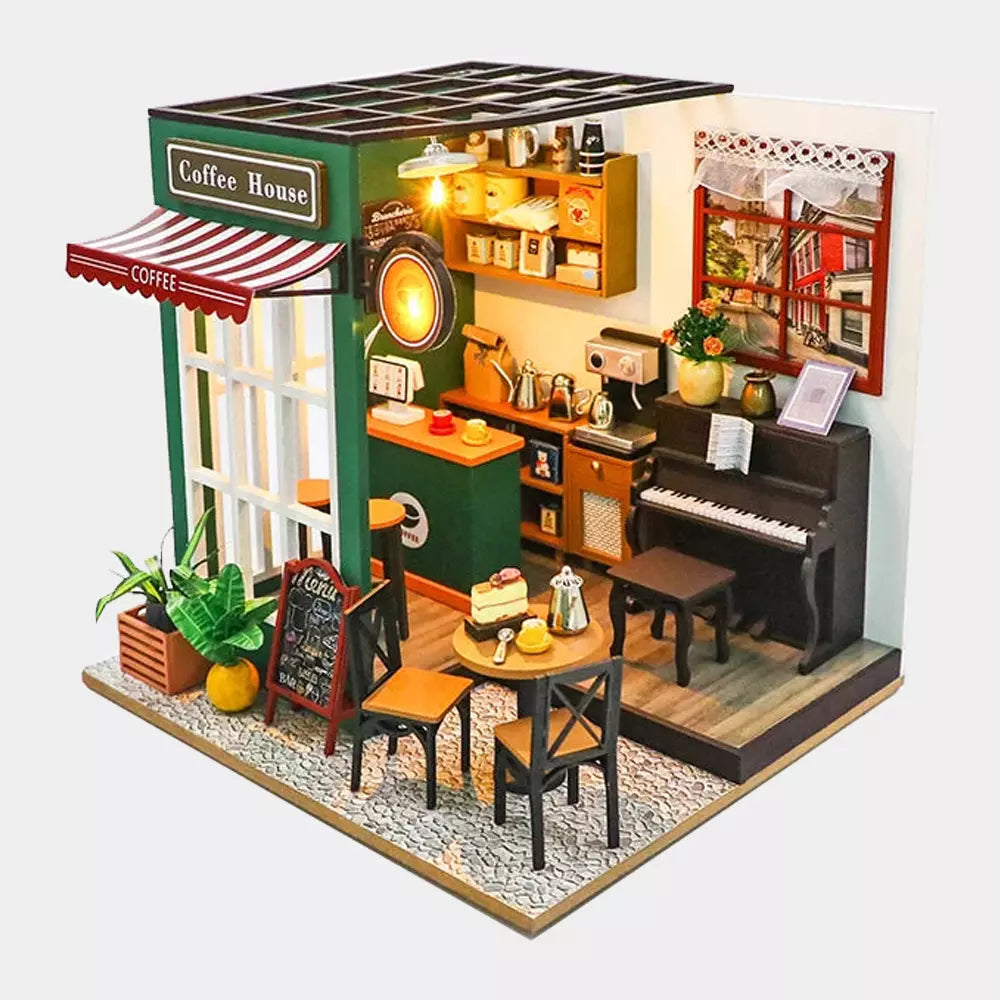 Casa de Bonecas em Miniatura DIY 3D em Madeira – Kit de Construção Artesanal Café | Puzzle Criativo Educativo