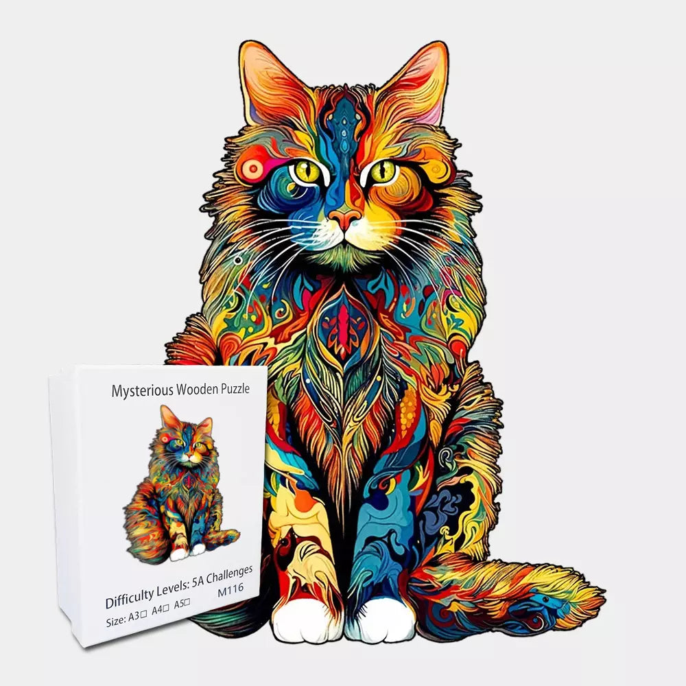 Puzzle de Madeira com Padrão de Gato Único – Formato Irregular, Brinquedo Educativo e Decorativo