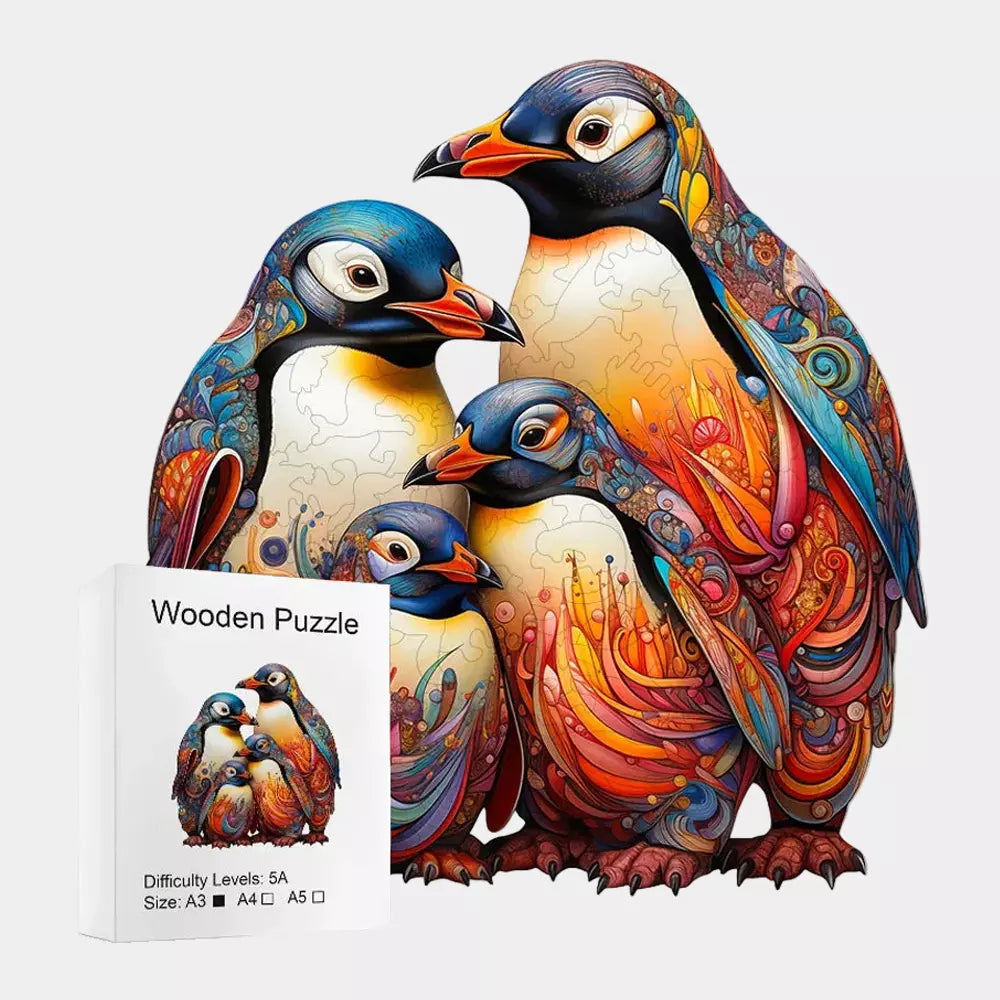 Puzzle de Madeira Pinguim com Caixa de Presente – Quebra-Cabeça Animal Irregular para Adultos, Alívio do Estresse e Diversão em Família