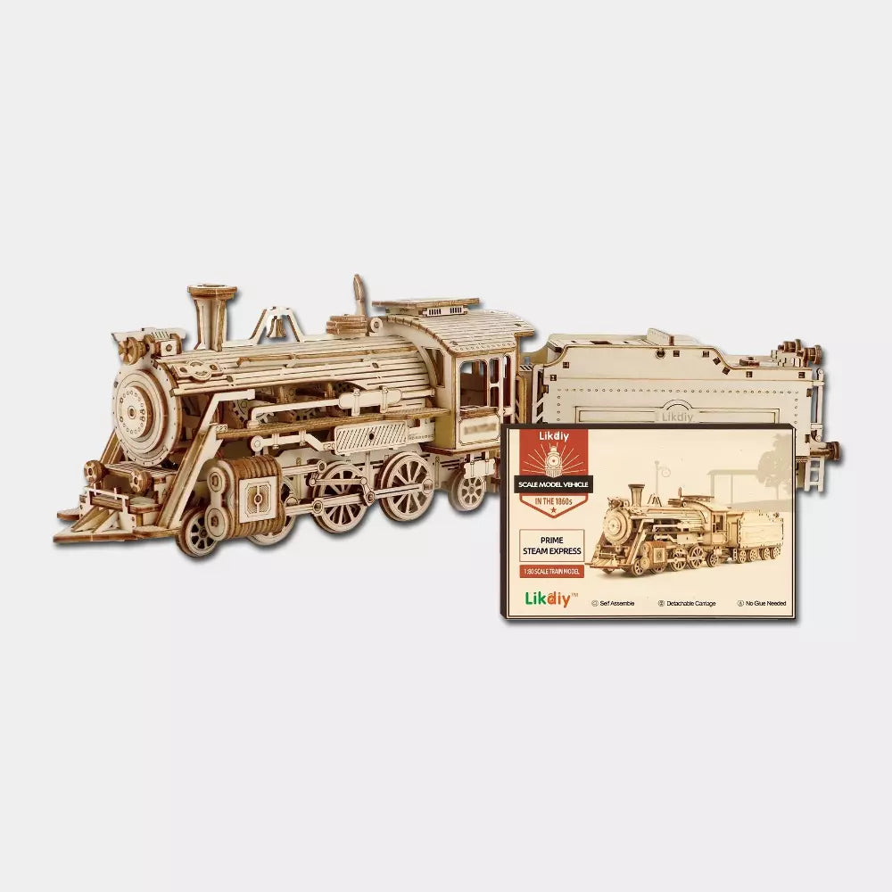 Quebra-Cabeça 3D de Madeira Locomotiva a Vapor 1:80 – Kit Mecânico DIY Educativo para Adultos e Jovens
